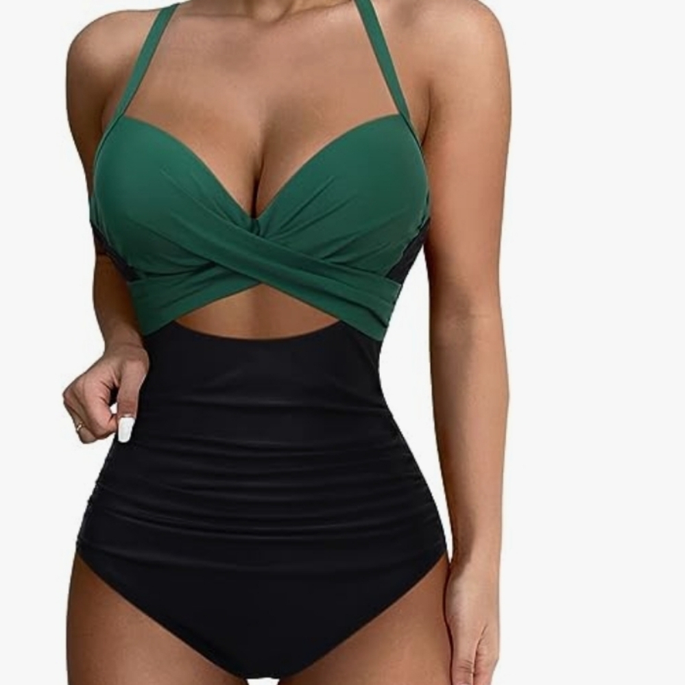 Black & Green Cut Out One Piece Bathing Suit Sz XL Tummy control‎ push up NWOT